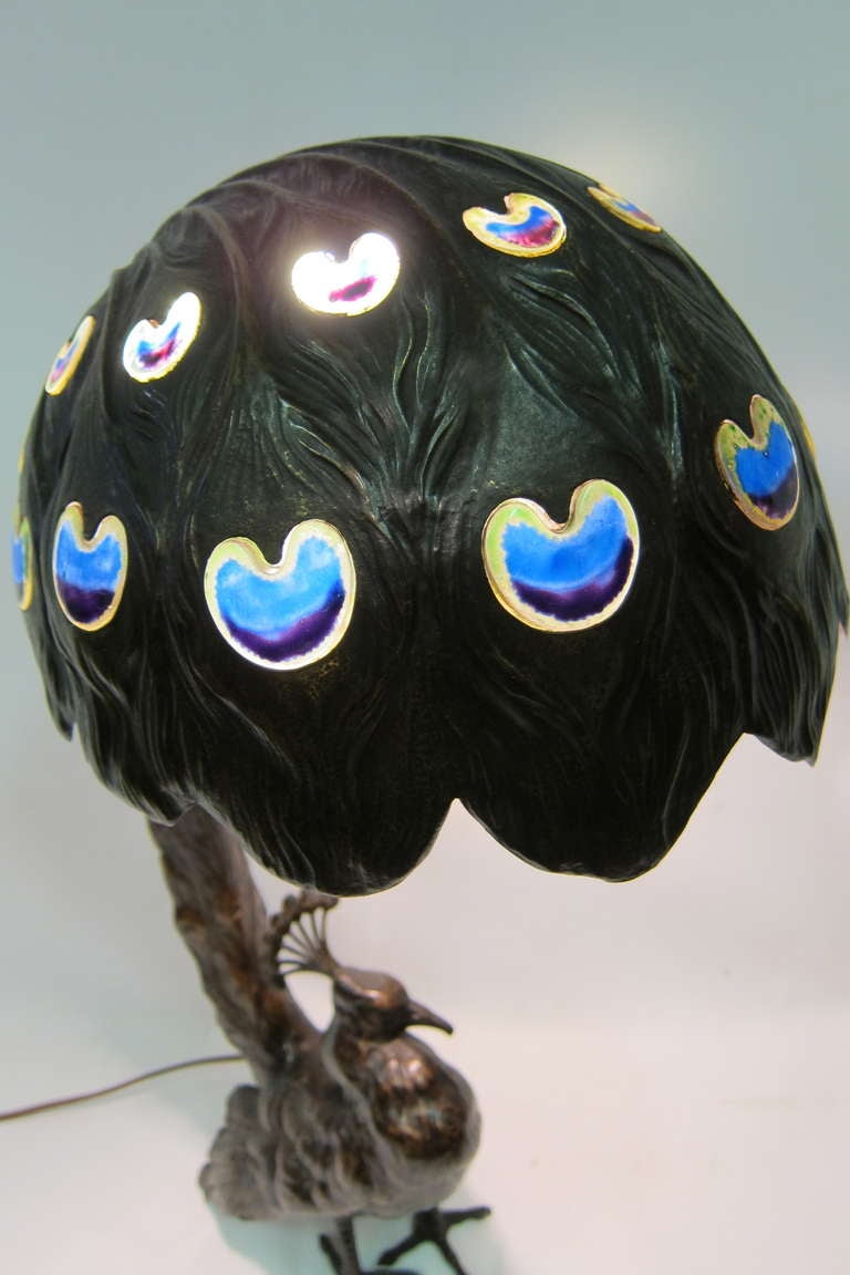 French Bronze Peacock Lamp, circa 1920