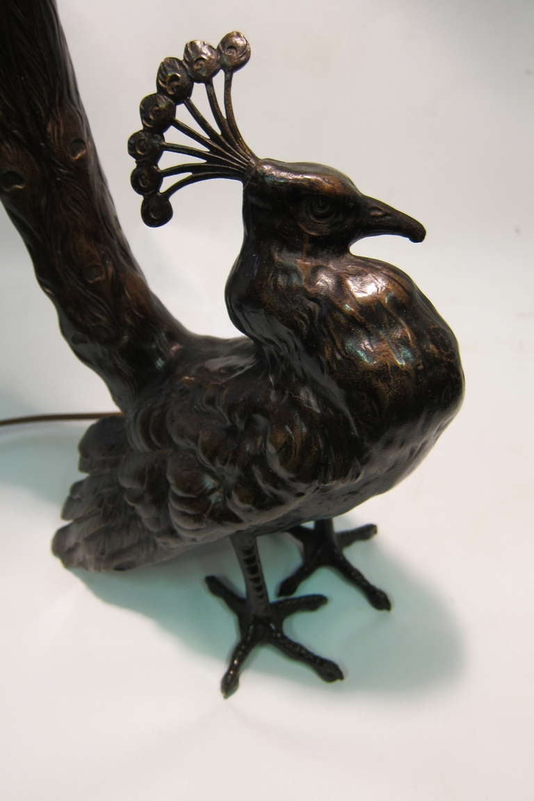 Bronze Peacock Lamp, circa 1920 In Excellent Condition In Bronx, NY