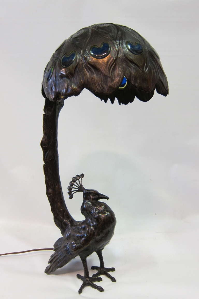 20th Century Bronze Peacock Lamp, circa 1920