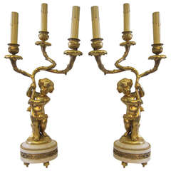 19th Century French Dore Bronze and Marble Candelabras