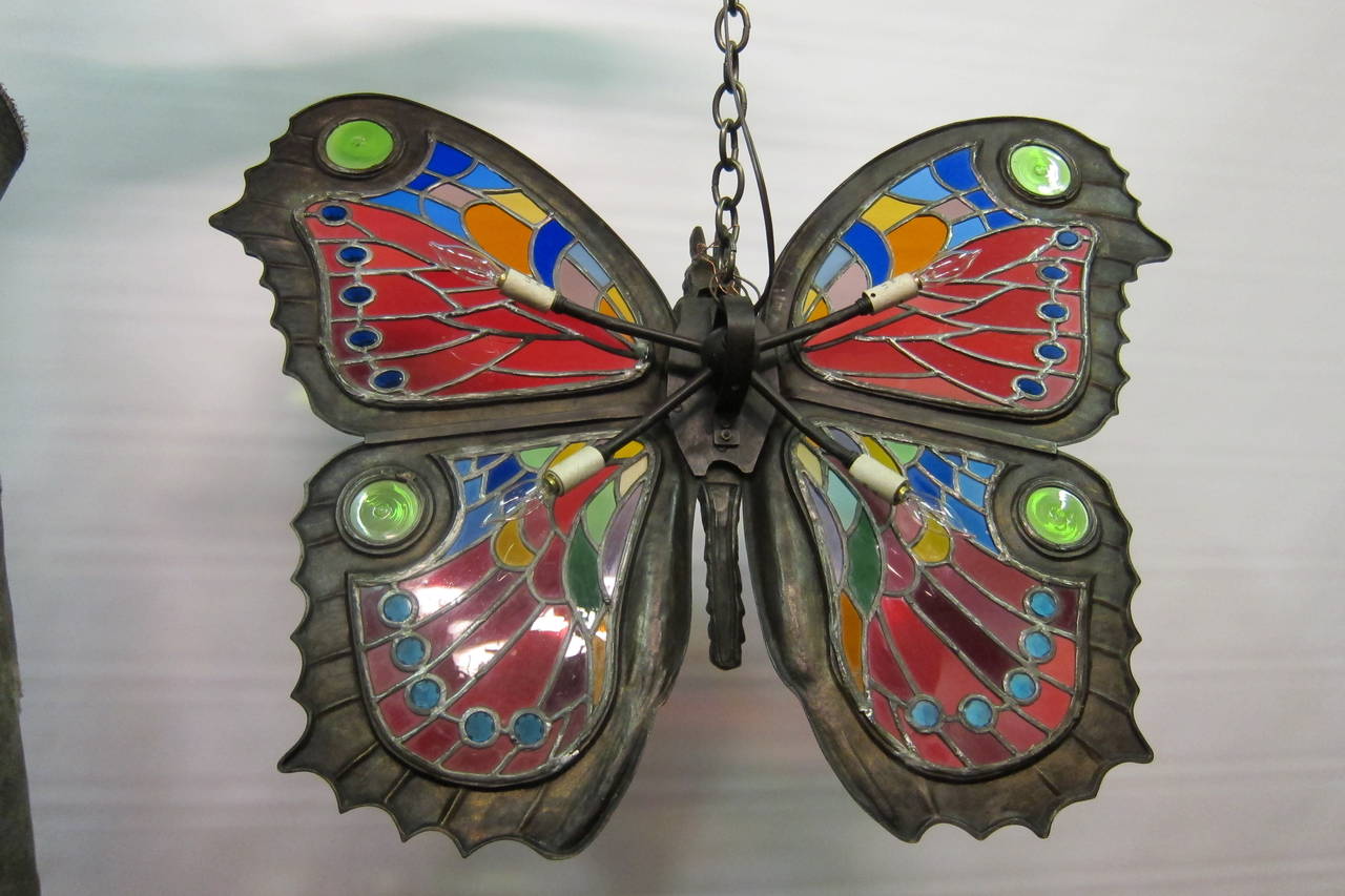 Vintage Early 20th Century Stained Glass Butterfly Ceiling Fixture 4