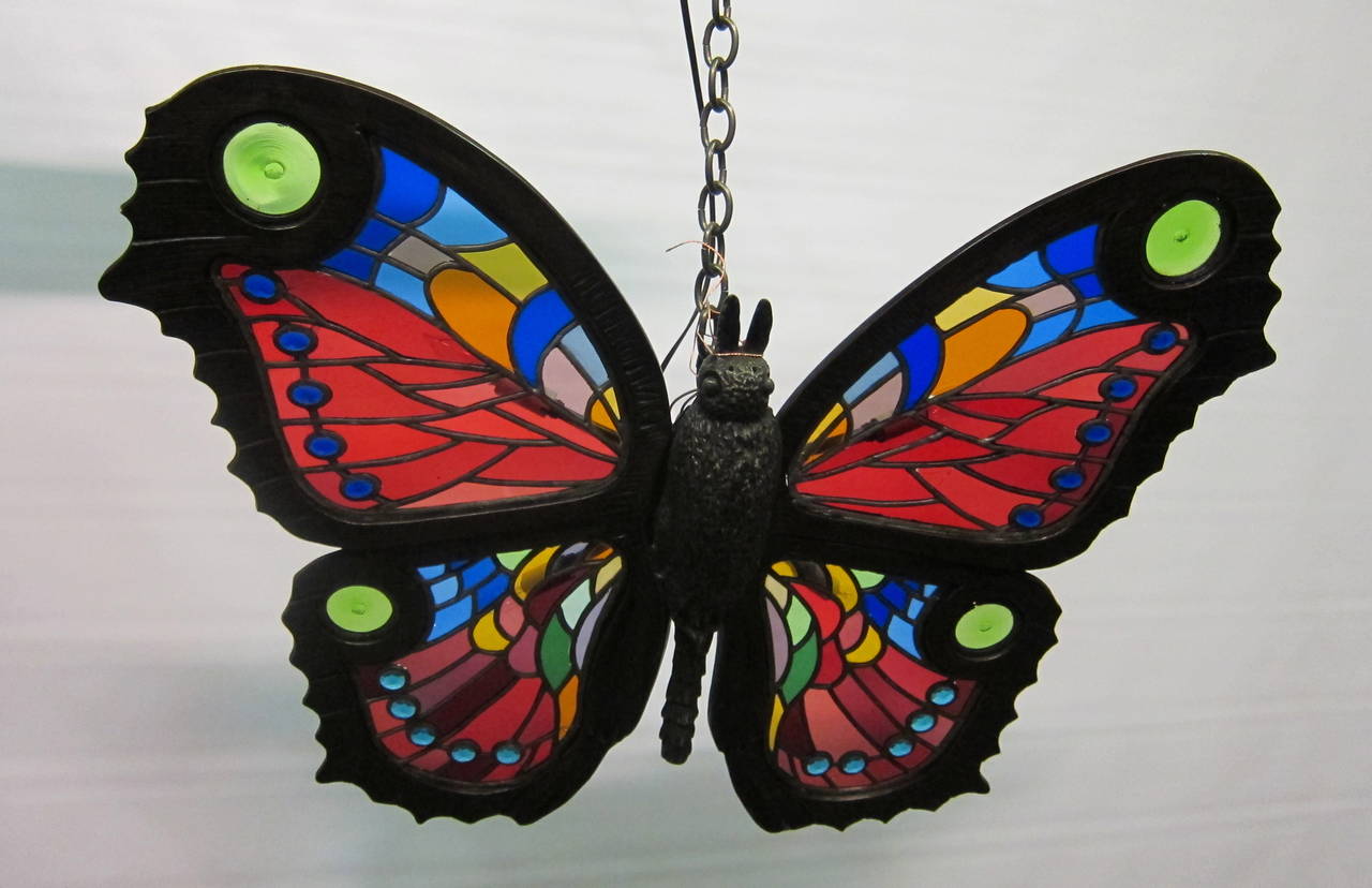 Vintage Early 20th Century Stained Glass Butterfly Ceiling Fixture 5