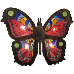 Vintage Early 20th Century Stained Glass Butterfly Ceiling Fixture