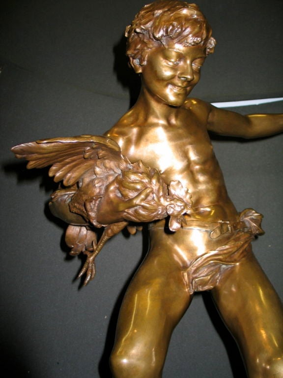 Bronze Sculpture of Boy with Cocks by Paul Chevre