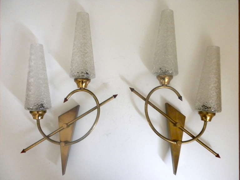 Sculptural glass shades in the style of Mazzega adorn these two-arm brass sconces. Nice large scale pieces.
