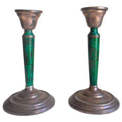 Pair of Malachite & Sterling Silver Candlesticks