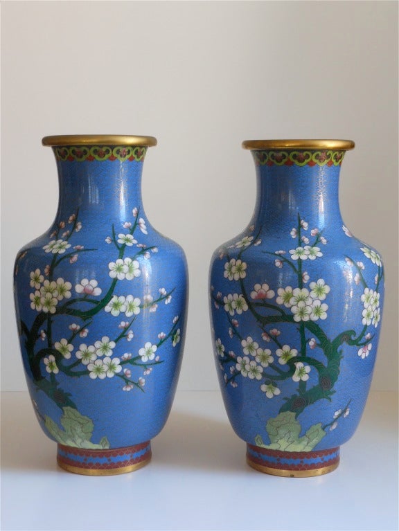 Superb and large blue cloisonne vases from the 19th century with beautiful cherry blossoms and a bird on a fish scale background.  Interior is patinated brass and the underside of the bottom is green. Rims of both base and tops are patinated brass.