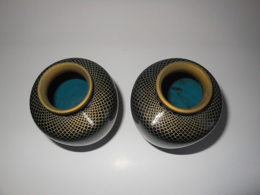 Brass Pair of Black Cloisonne Vases
