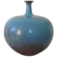 Blue Ceramic Apple Vase, Signed