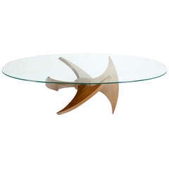 Mid-Century Modern Walnut Propeller Base Oval Coffee Table with Glass Top