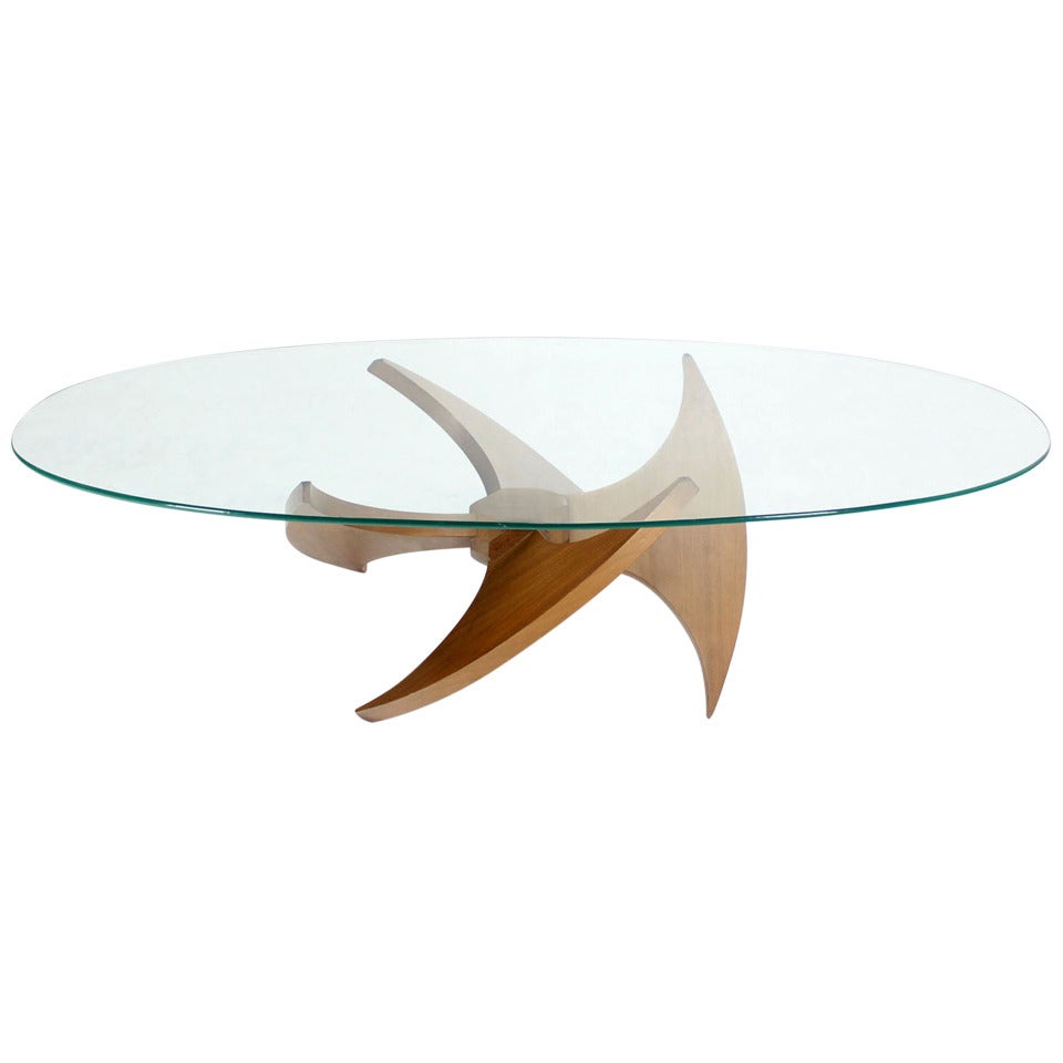 Mid-Century Modern Walnut Propeller Base Oval Coffee Table with Glass Top
