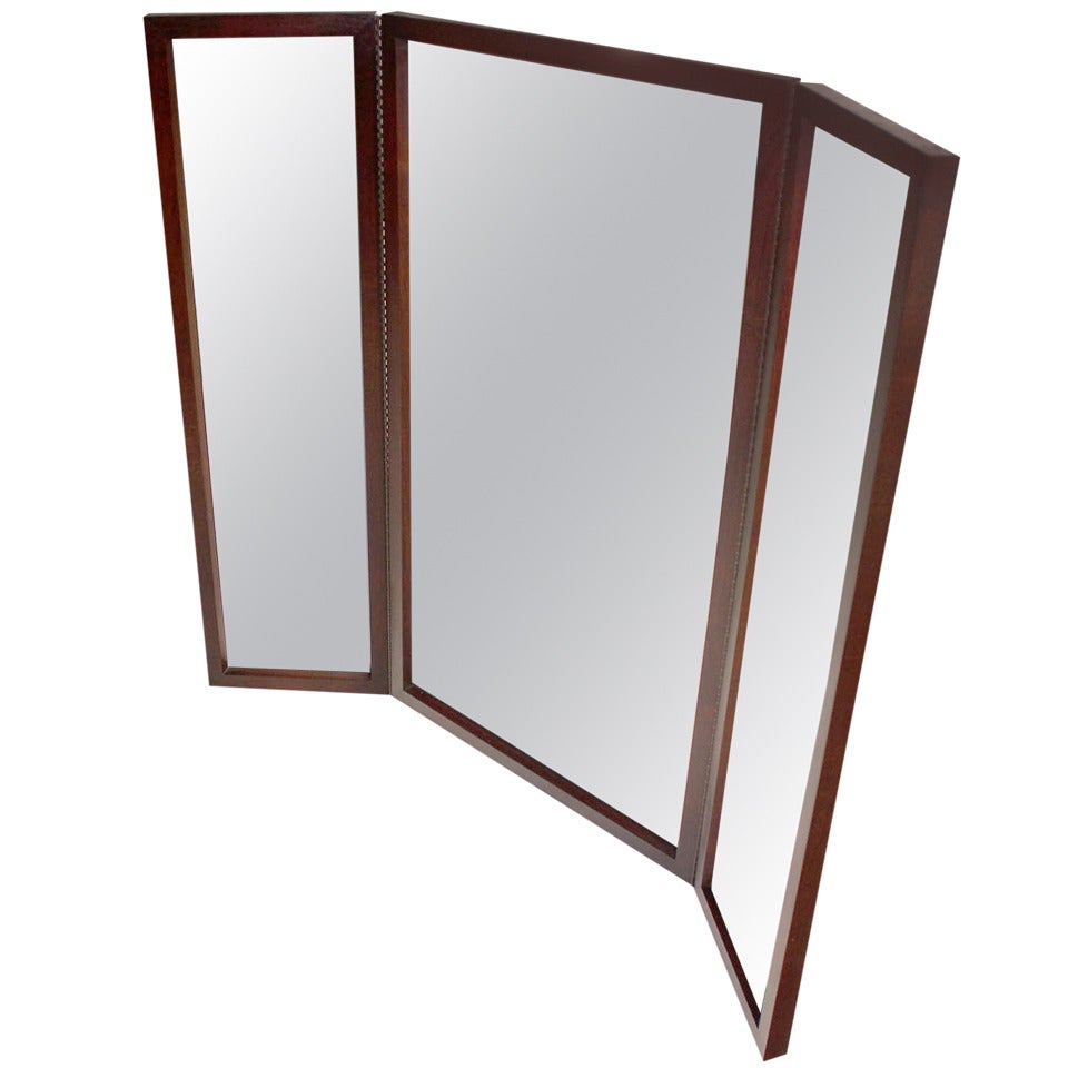 Mid-Century Modern Trifold Mirror in Heavy Solid Walnut