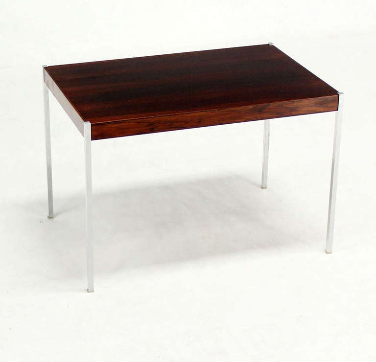 Danish mid century modern rosewood side table with solid square bar chrome legs.