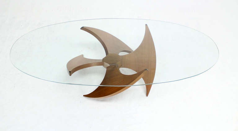 American Mid-Century Modern Walnut Propeller Base Oval Coffee Table with Glass Top