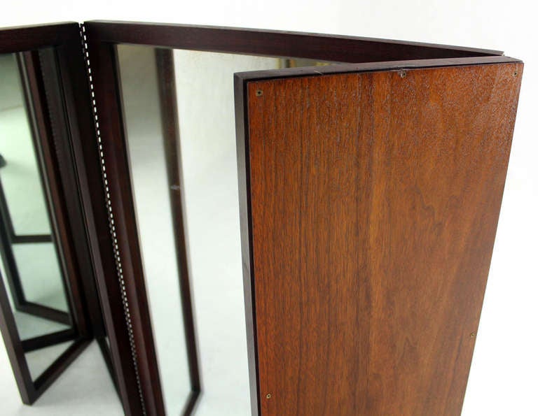 American Mid-Century Modern Trifold Mirror in Heavy Solid Walnut