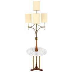 Mid Century Modern Walnut Brass  Floor Lamp with Round Marble Side Table