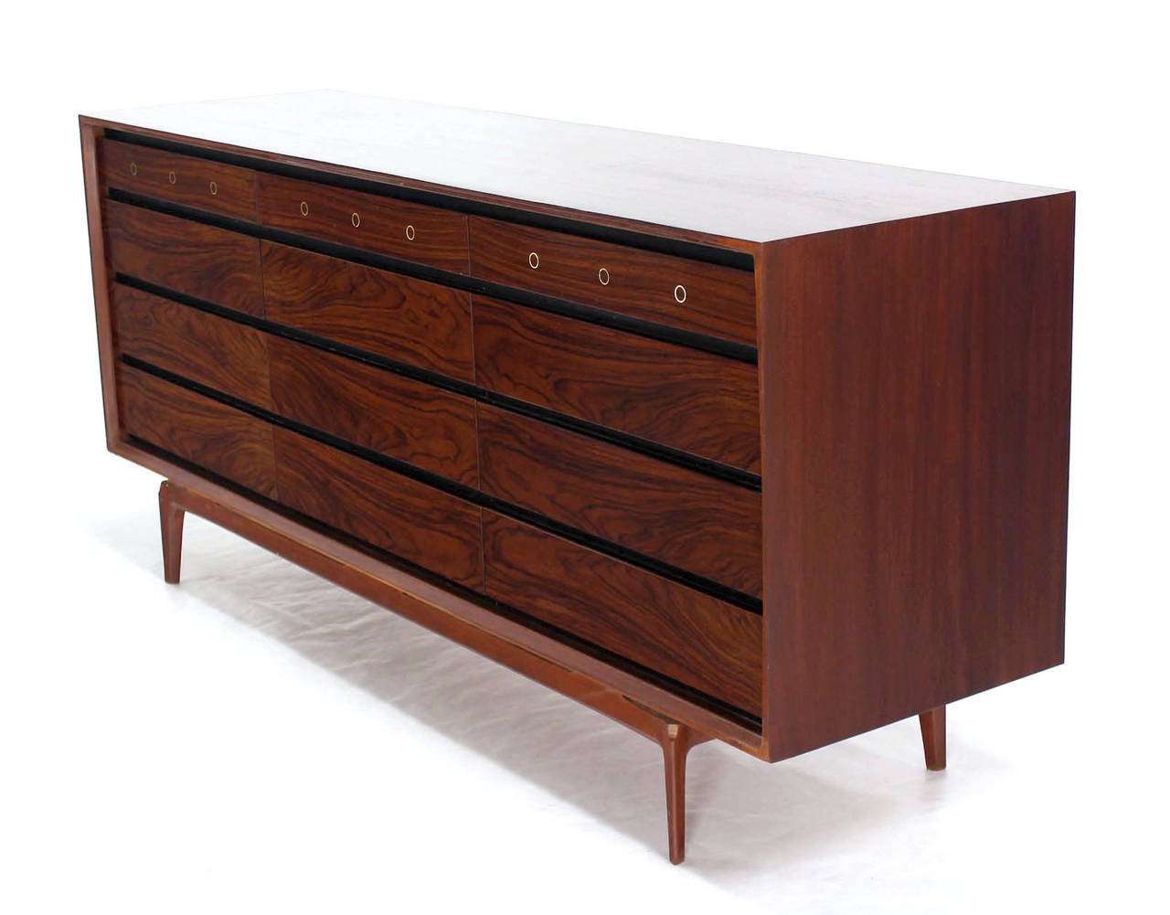 Rosewood and Walnut Midcentury Modern Twelve-Drawer Dresser with Brass Accents 1