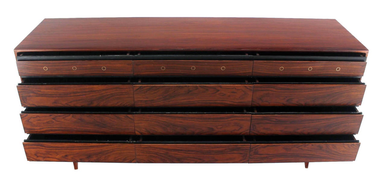 Rosewood and Walnut Midcentury Modern Twelve-Drawer Dresser with Brass Accents 3