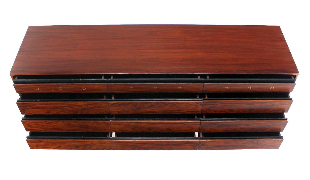 Rosewood and Walnut Midcentury Modern Twelve-Drawer Dresser with Brass Accents 4