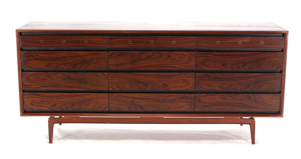 Rosewood and Walnut Midcentury Modern Twelve-Drawer Dresser with Brass Accents 2