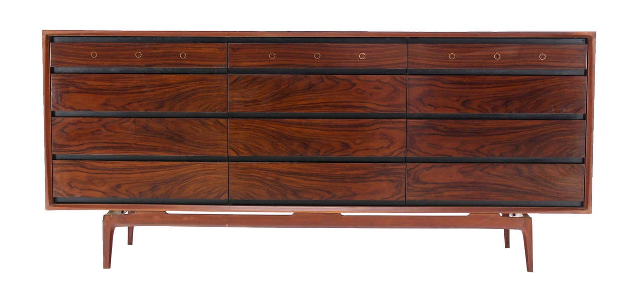 American Rosewood and Walnut Midcentury Modern Twelve-Drawer Dresser with Brass Accents