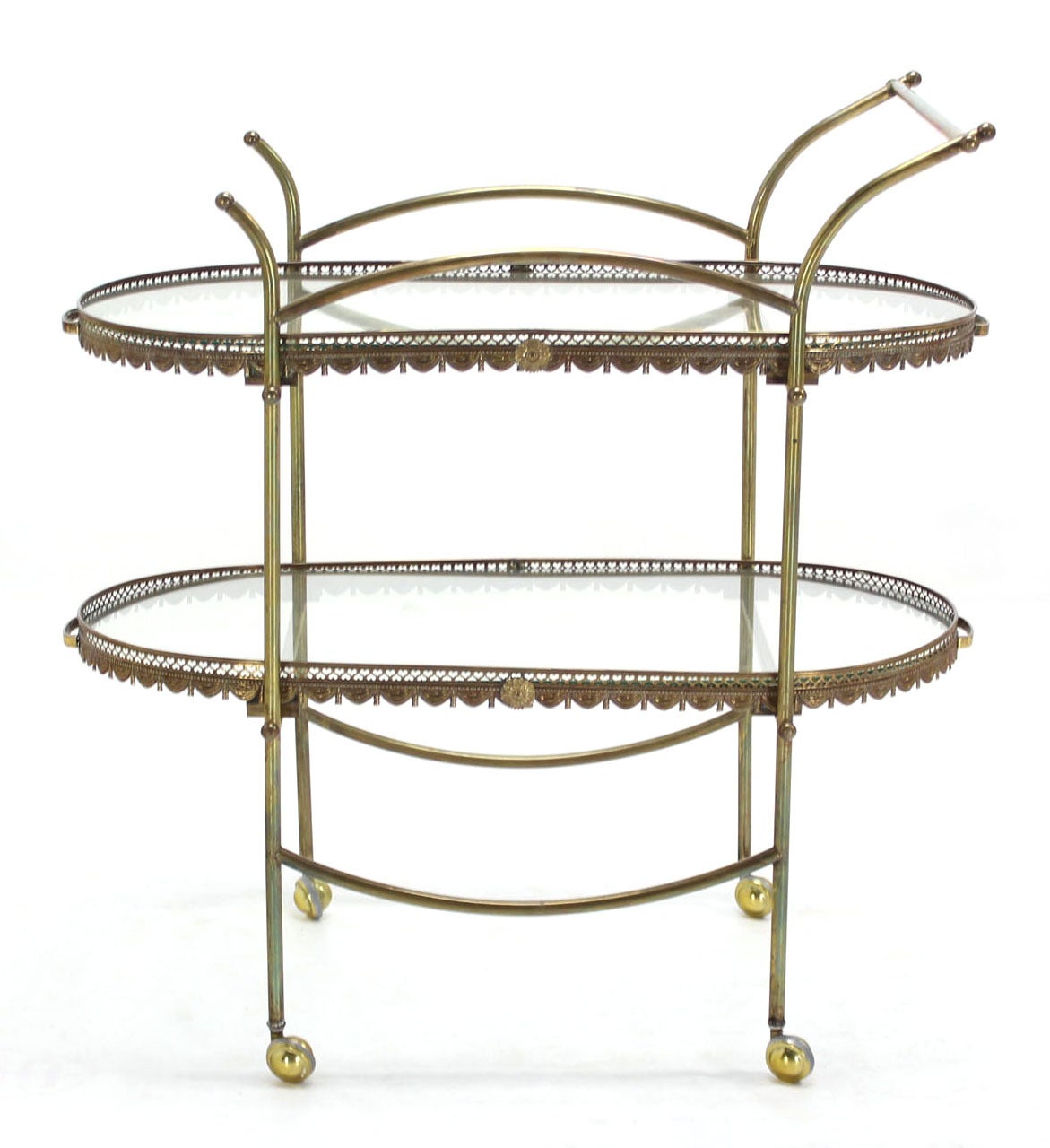 Mid century modern tubular brass tea cart with removable trays.