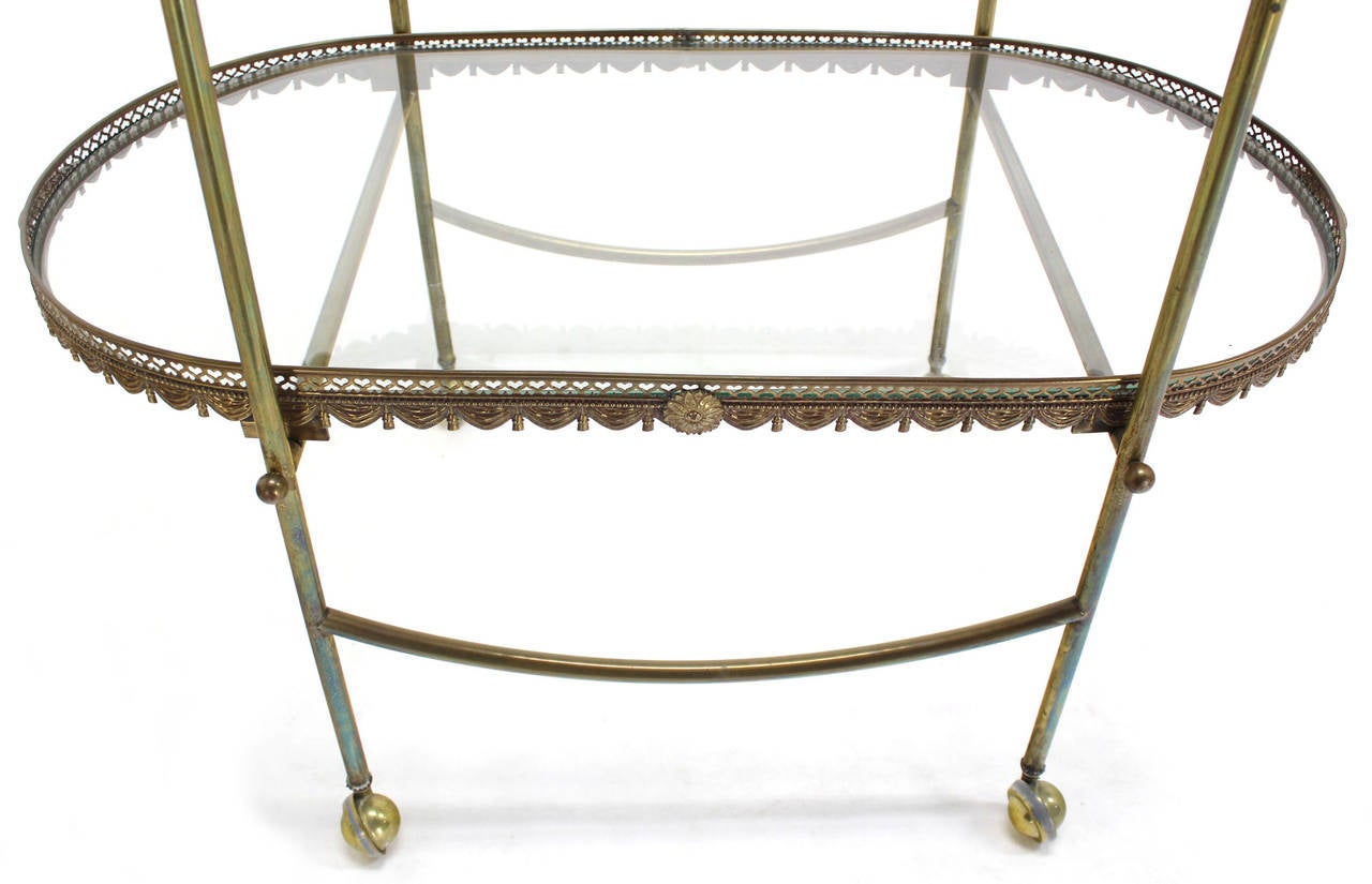 Two-Tier Brass Serving Cart Table with Removable Trays In Excellent Condition In Rockaway, NJ