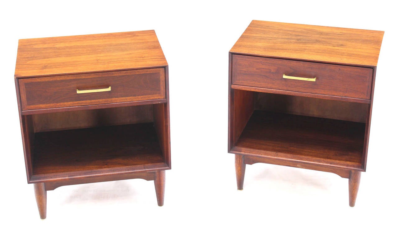 Pair of Mid-Century Modern Walnut End Tables with Brass Pulls 3