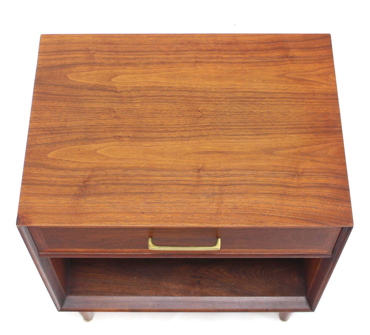 American Pair of Mid-Century Modern Walnut End Tables with Brass Pulls