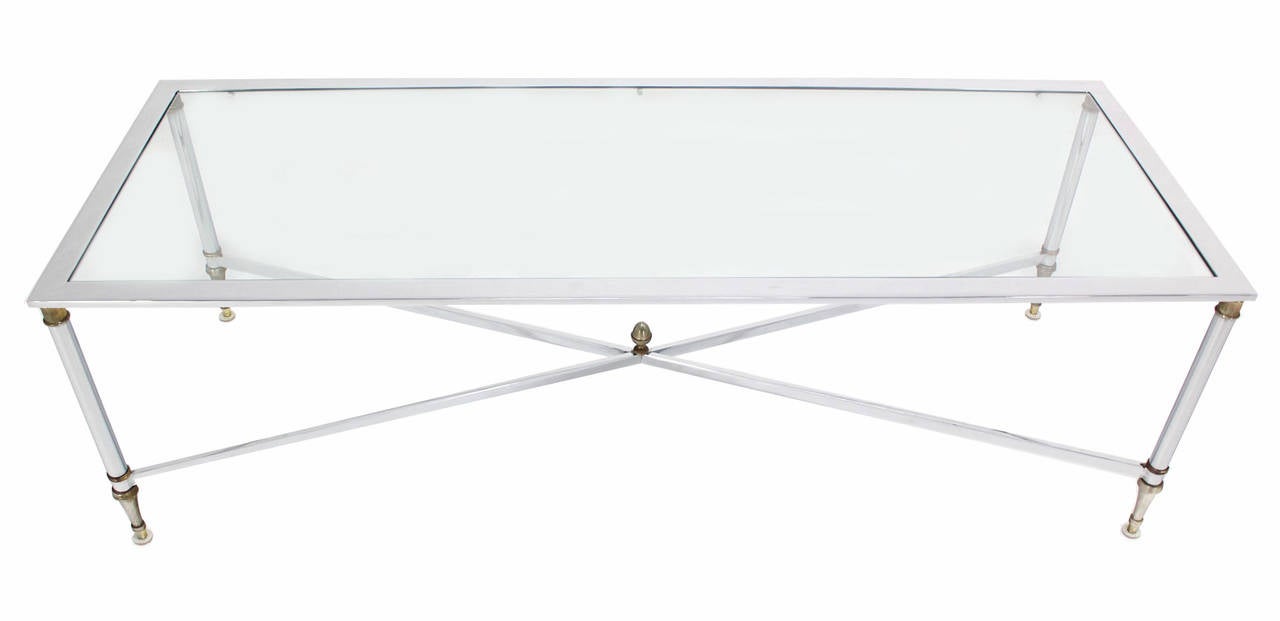 American Chrome Brass X Base Glass Top Long Rectangle Coffee Table