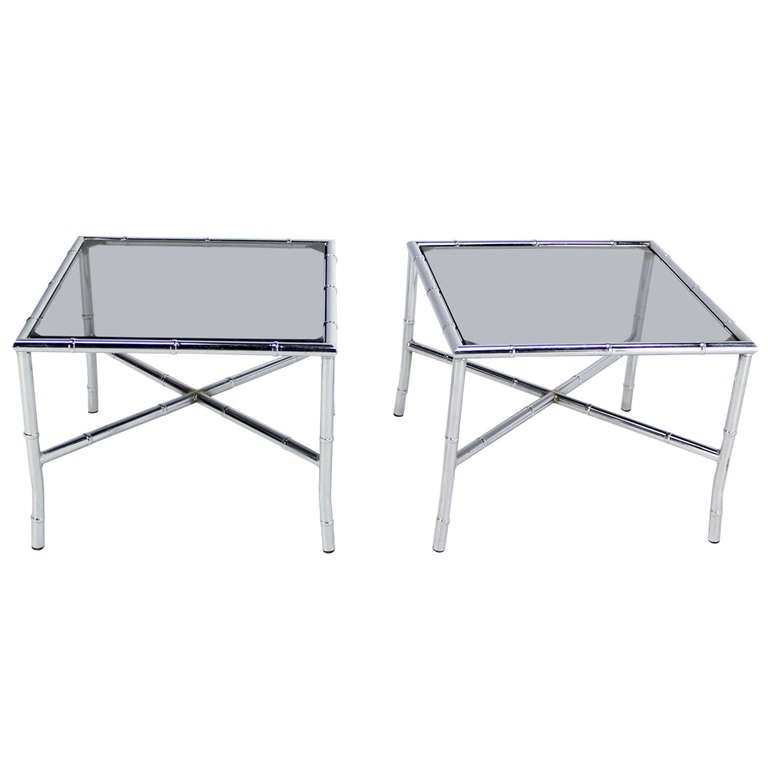 Pair of Chrome Faux Bamboo X Base End Tables with Smoked Glass Tops For