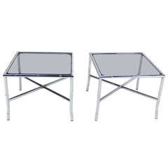 Pair of Chrome Faux Bamboo X Base End Tables with Smoked Glass Tops