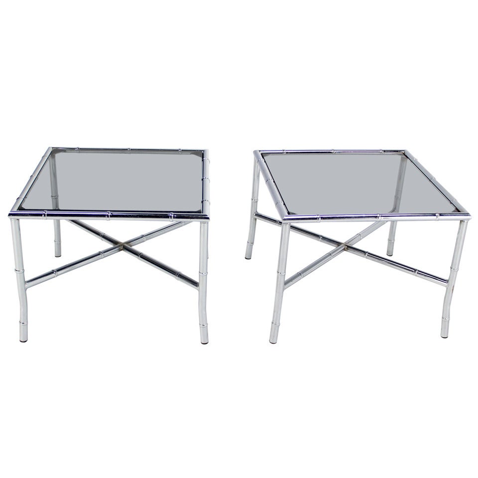 Pair of Chrome Faux Bamboo X Base End Tables with Smoked Glass Tops
