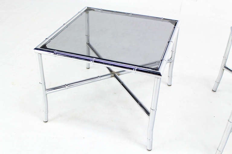 Mid-Century Modern Pair of Chrome Faux Bamboo X Base End Tables with Smoked Glass Tops