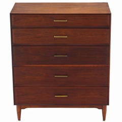 Midcentury Modern Oil Walnut High Chest Dresser with Brass Pulls