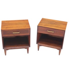 Pair of Mid-Century Modern Walnut End Tables with Brass Pulls