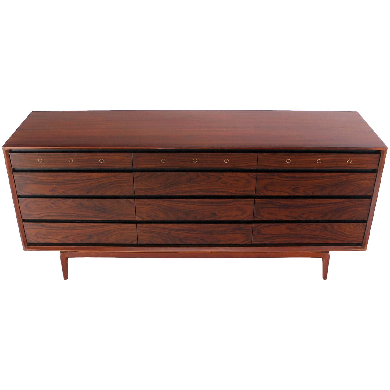 Rosewood and Walnut Midcentury Modern Twelve-Drawer Dresser with Brass Accents