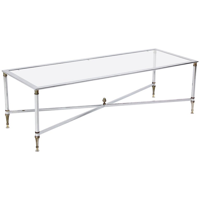 Chrome Brass X Base Glass Top Long Rectangle Coffee Table For Sale at