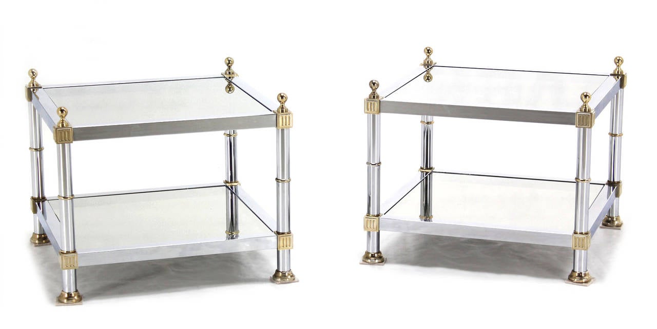 Mid-Century Modern Pair of Chrome Brass and Smoked Glass Square End or Side Tables For Sale