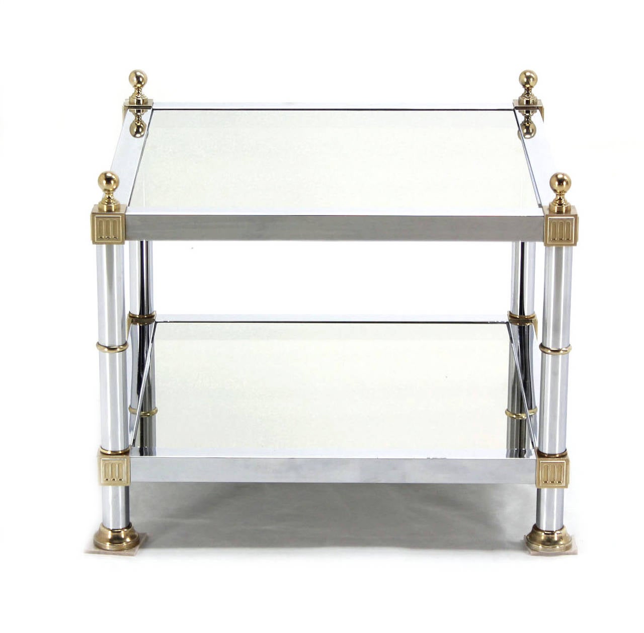 Polished Pair of Chrome Brass and Smoked Glass Square End or Side Tables