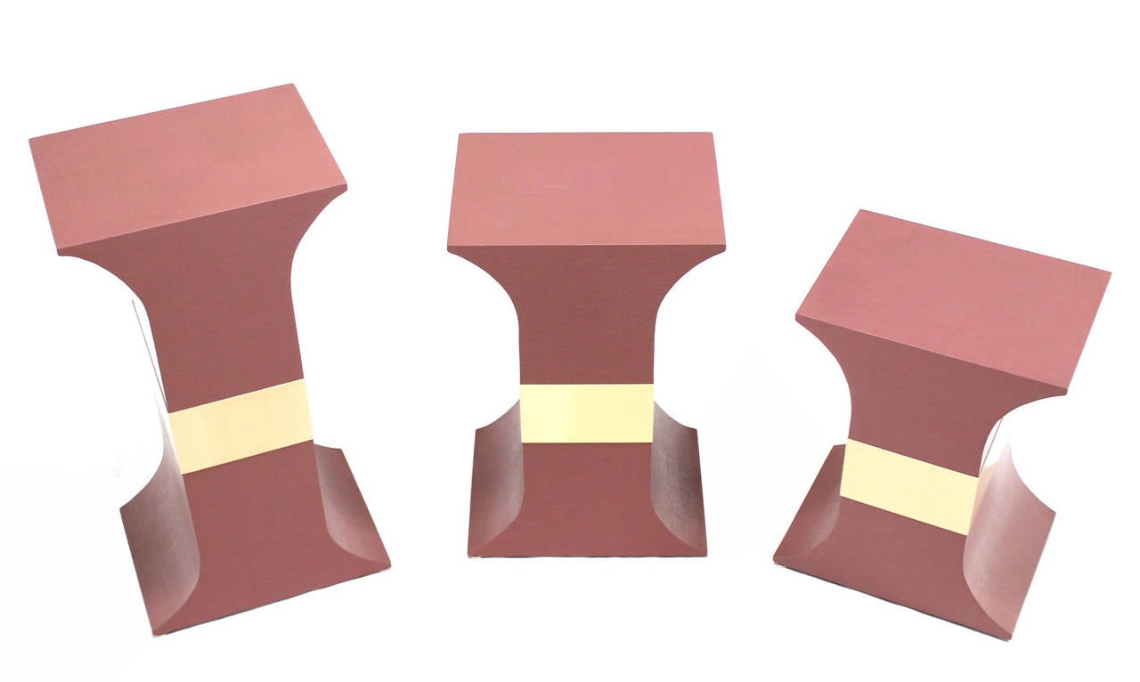 Lacquered Grasscloth Wrapped Three Mid-Century Modern Pink Lacquer Brass Trim Pedestals