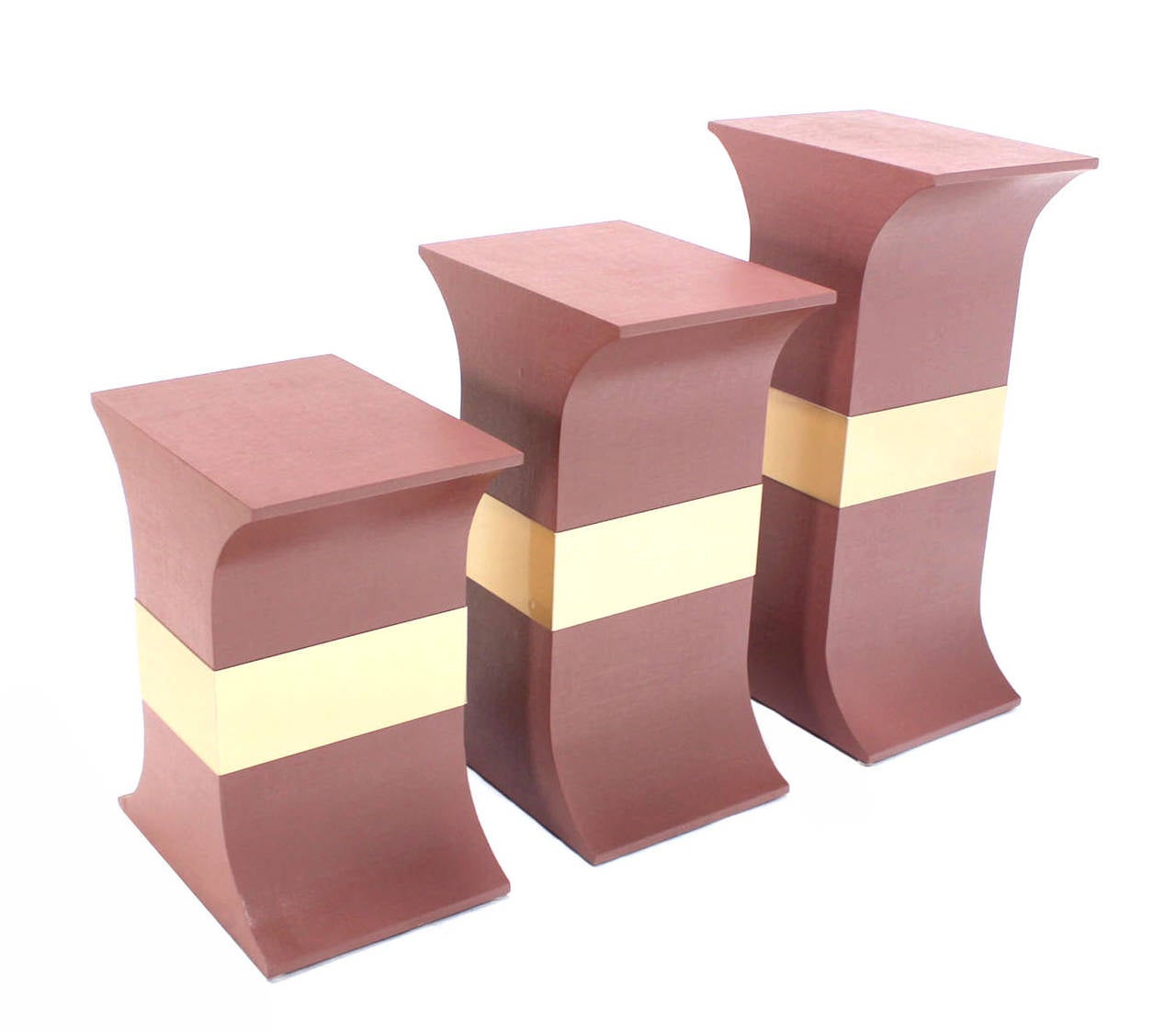 American Grasscloth Wrapped Three Mid-Century Modern Pink Lacquer Brass Trim Pedestals