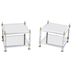 Pair of Chrome Brass and Smoked Glass Square End or Side Tables