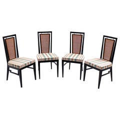 Set of Four Mid-Century Modern Ebonized Dining Chairs with Cane Backs