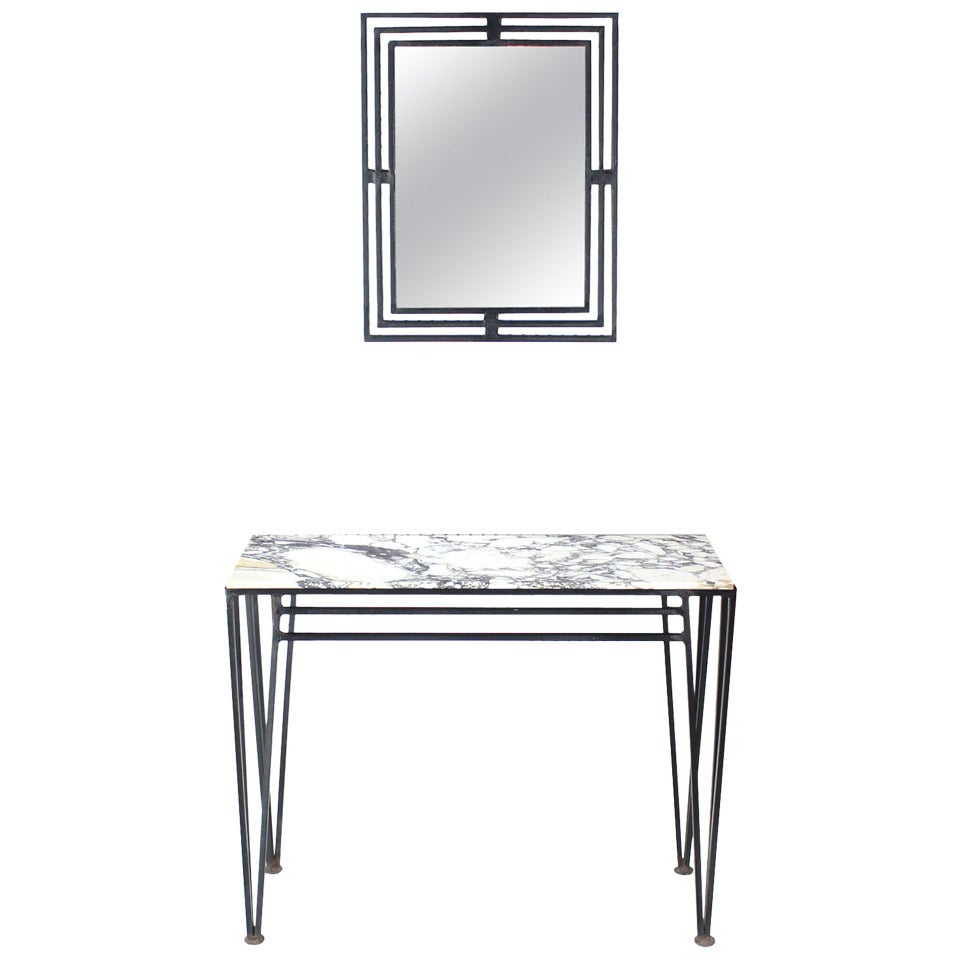 Mid  Century Modern Wrought Iron Marble Top Console w/ Matching Wall Mirror