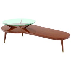 Mid Century Modern Walnut Organic Kidney Shape Coffee Table Round Glass Top