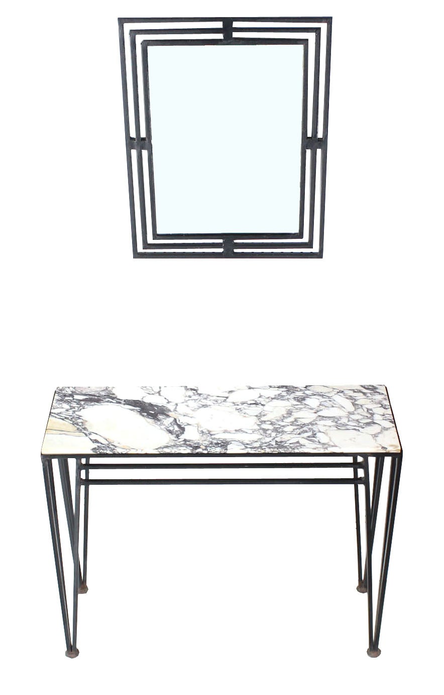 Mid  Century Modern Wrought Iron Marble Top Console w/ Matching Wall Mirror 4