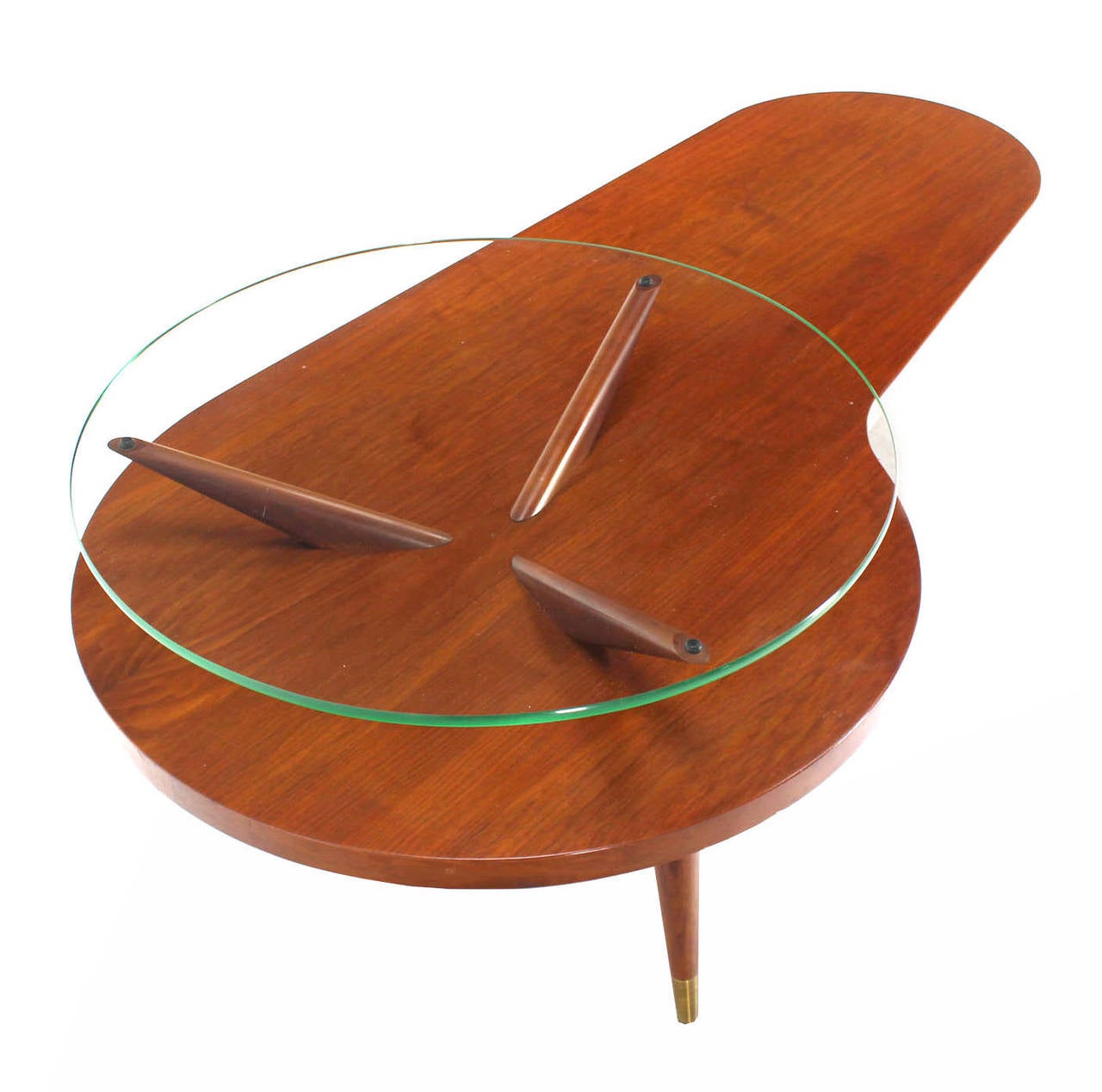 Mid-Century Modern Mid Century Modern Walnut Organic Kidney Shape Coffee Table Round Glass Top