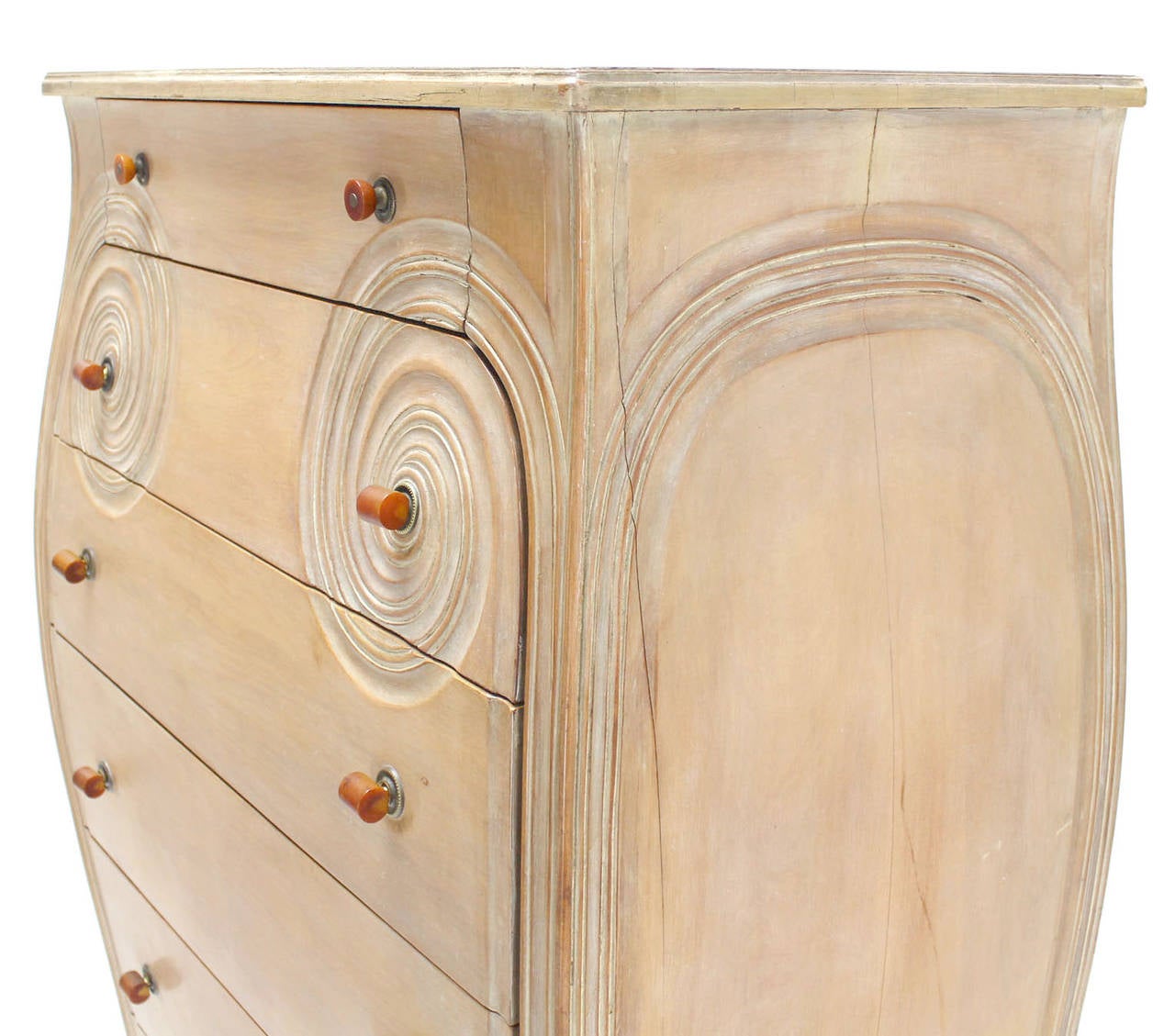 Mid-Century Modern Carved Bombay High Chest Dresser with Bakelite Pulls on High Legs, circa 1930s