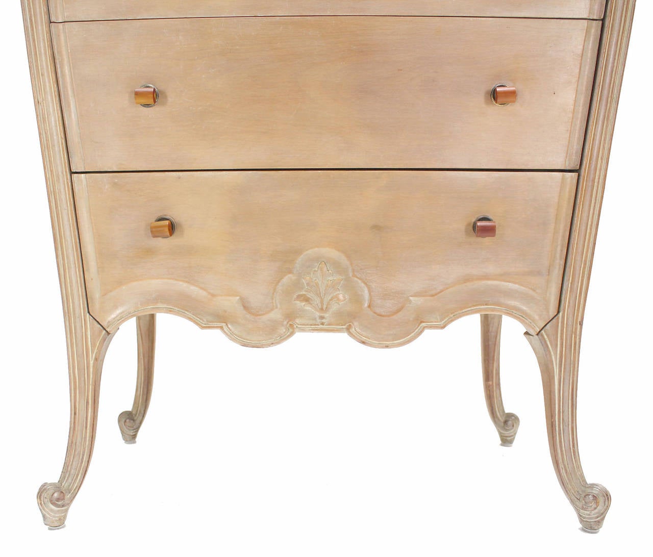Bleached Carved Bombay High Chest Dresser with Bakelite Pulls on High Legs, circa 1930s
